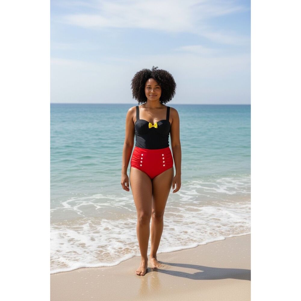 Disney Mickey Style One Piece Swimsuit Red Black Bow NEW No Tags Retro Pin Up
